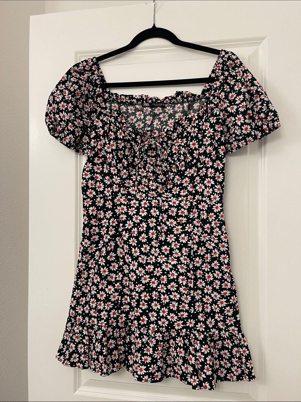 Zara Black Mini Dress with White & Red Daisy Print